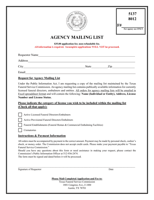 Mailing List Order Form - Texas