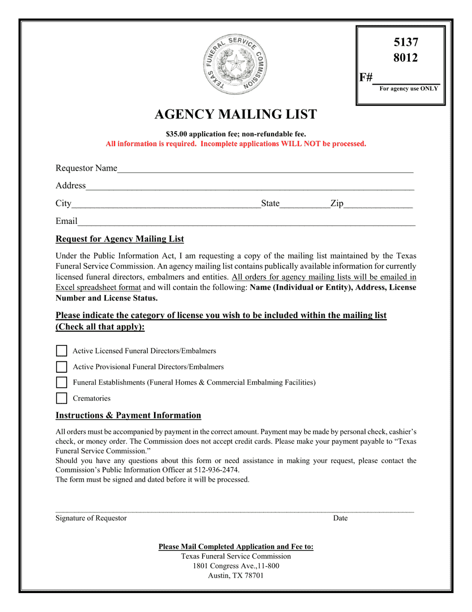 Mailing List Order Form - Texas, Page 1