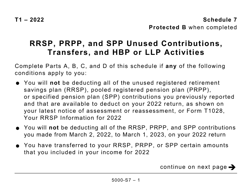Form 5000-S7 Schedule 7 Rrsp, Prpp, and Spp Unused Contributions, Transfers, and Hbp or LLP Activities (Large Print) - Canada, 2022