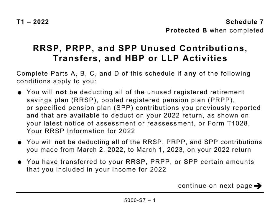 Form 5000-S7 Schedule 7 Rrsp, Prpp, and Spp Unused Contributions, Transfers, and Hbp or LLP Activities (Large Print) - Canada, Page 1