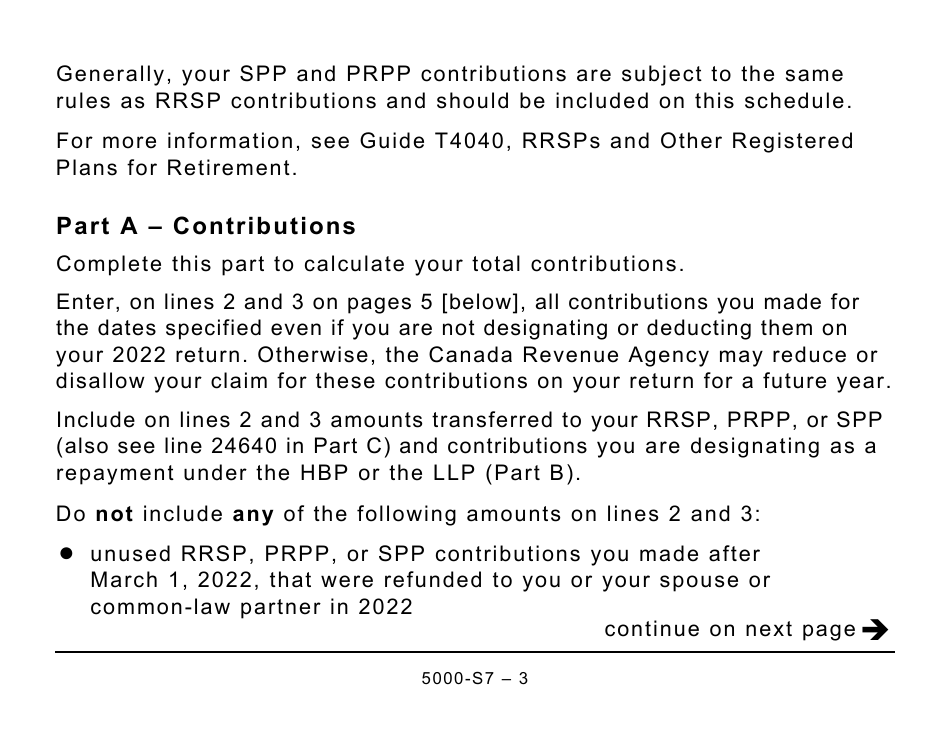 Form 5000-S7 Schedule 7 Rrsp, Prpp, and Spp Unused Contributions, Transfers, and Hbp or LLP Activities (Large Print) - Canada, Page 3