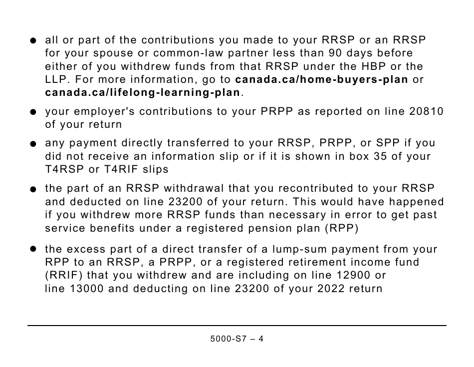 Form 5000-S7 Schedule 7 Rrsp, Prpp, and Spp Unused Contributions, Transfers, and Hbp or LLP Activities (Large Print) - Canada, Page 4