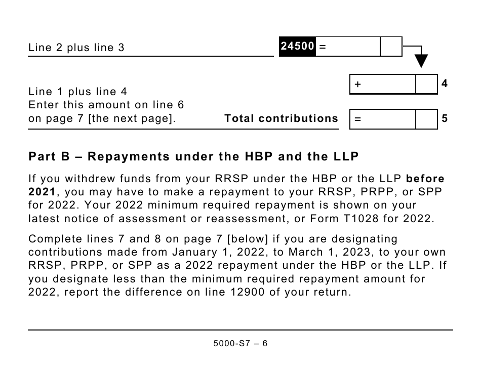 Form 5000-S7 Schedule 7 Rrsp, Prpp, and Spp Unused Contributions, Transfers, and Hbp or LLP Activities (Large Print) - Canada, Page 6