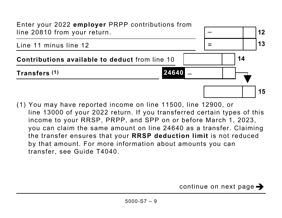 Form 5000-S7 Schedule 7 Rrsp, Prpp, and Spp Unused Contributions, Transfers, and Hbp or LLP Activities (Large Print) - Canada, Page 9