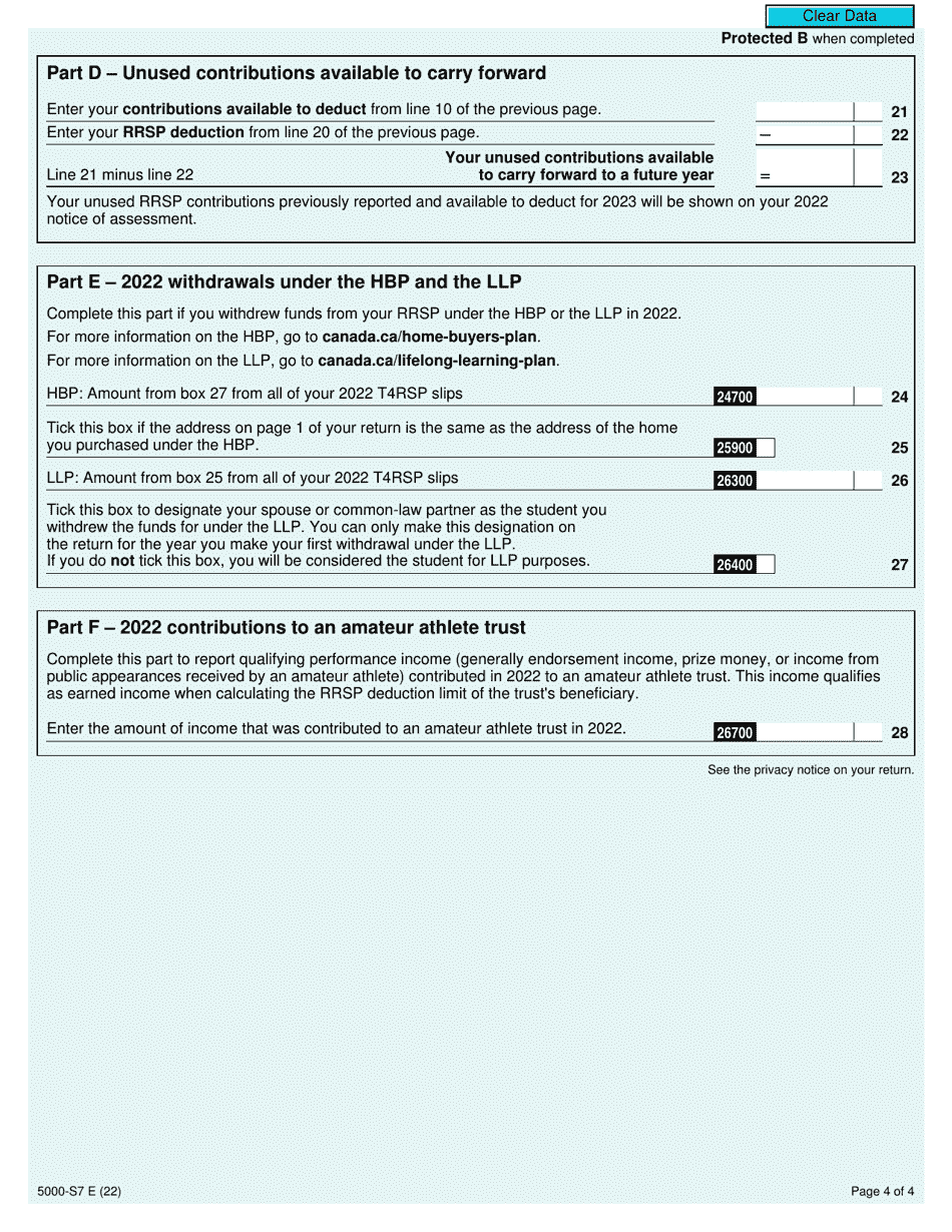 Form 5000 Schedule 7 Rrsp, Prpp, and Spp Unused Contributions, Transfers, and Hbp or LLP Activities - Canada, Page 4