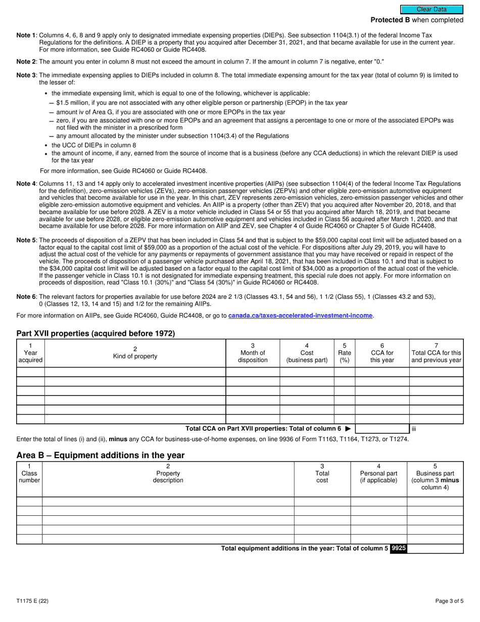 Form T1175 Farming - Calculation of Capital Cost Allowance (Cca) and Business-Use-Of-Home Expenses - Canada, Page 3