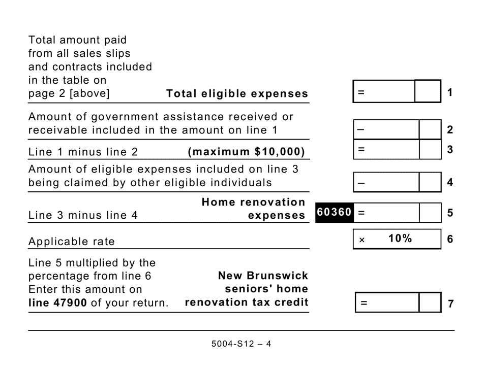 Form 5004-S12 Schedule NB(S12) New Brunswick Seniors Home Renovation Tax Credit - Large Print - Canada, Page 4
