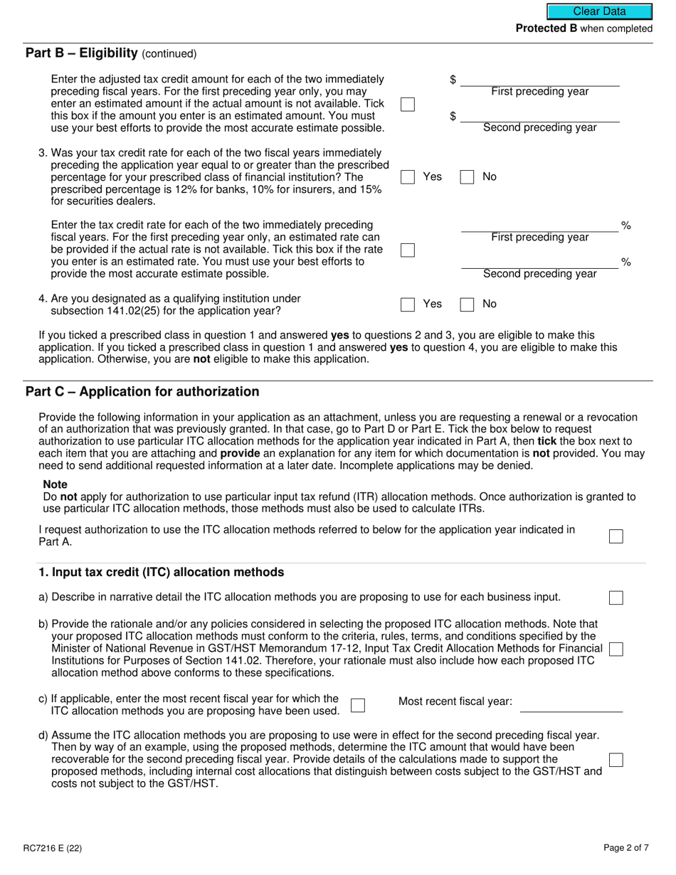 Form RC7216 Application, Renewal, or Revocation of the Authorization for a Qualifying Institution That Is a Selected Listed Financial Institution to Use Particular Input Tax Credit Allocation Methods - Canada, Page 2