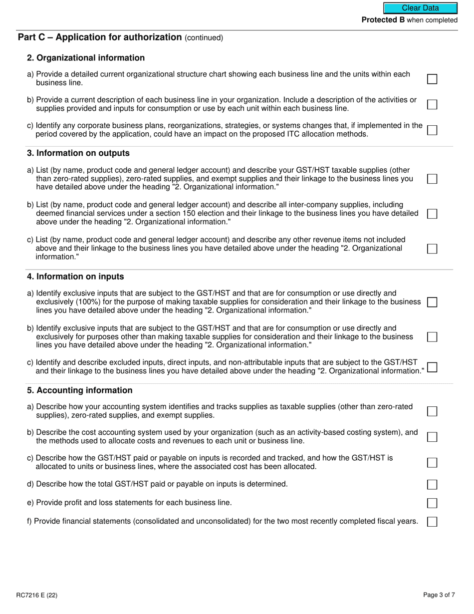 Form RC7216 Application, Renewal, or Revocation of the Authorization for a Qualifying Institution That Is a Selected Listed Financial Institution to Use Particular Input Tax Credit Allocation Methods - Canada, Page 3