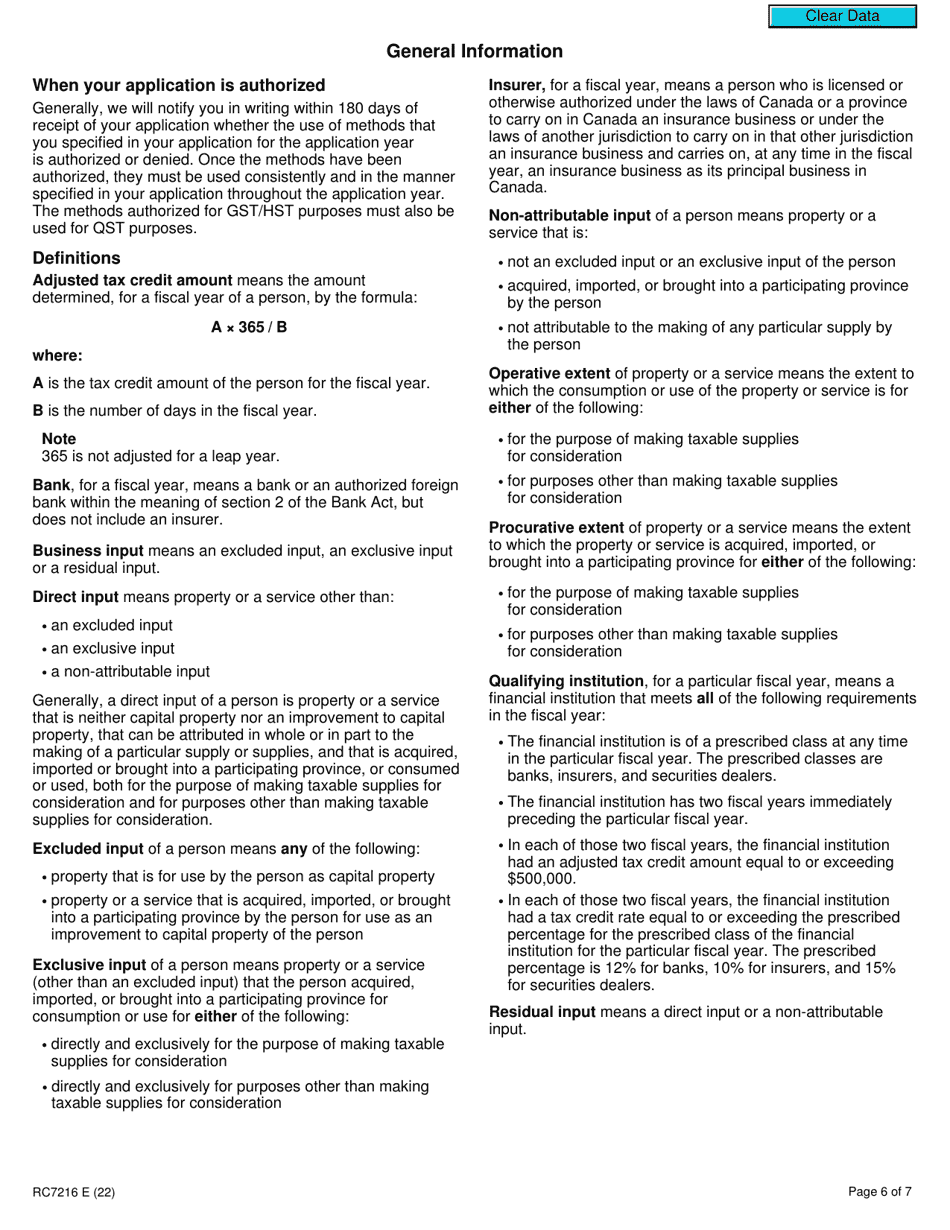 Form RC7216 Application, Renewal, or Revocation of the Authorization for a Qualifying Institution That Is a Selected Listed Financial Institution to Use Particular Input Tax Credit Allocation Methods - Canada, Page 6