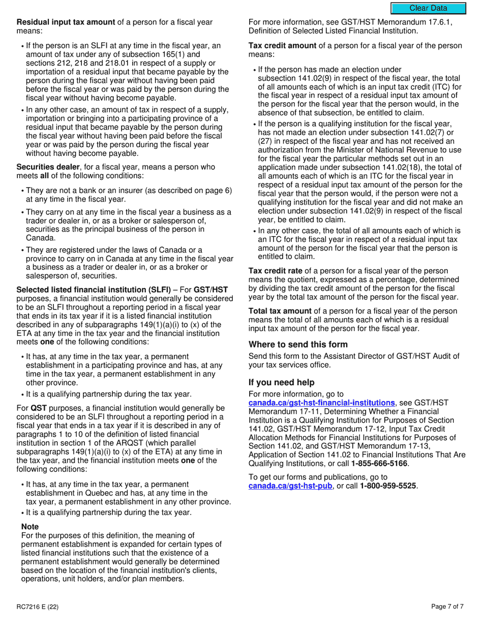 Form RC7216 Application, Renewal, or Revocation of the Authorization for a Qualifying Institution That Is a Selected Listed Financial Institution to Use Particular Input Tax Credit Allocation Methods - Canada, Page 7