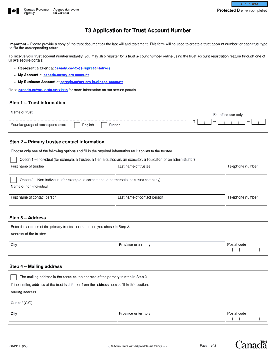 Form T3APP T3 Application for Trust Account Number - Canada, Page 1