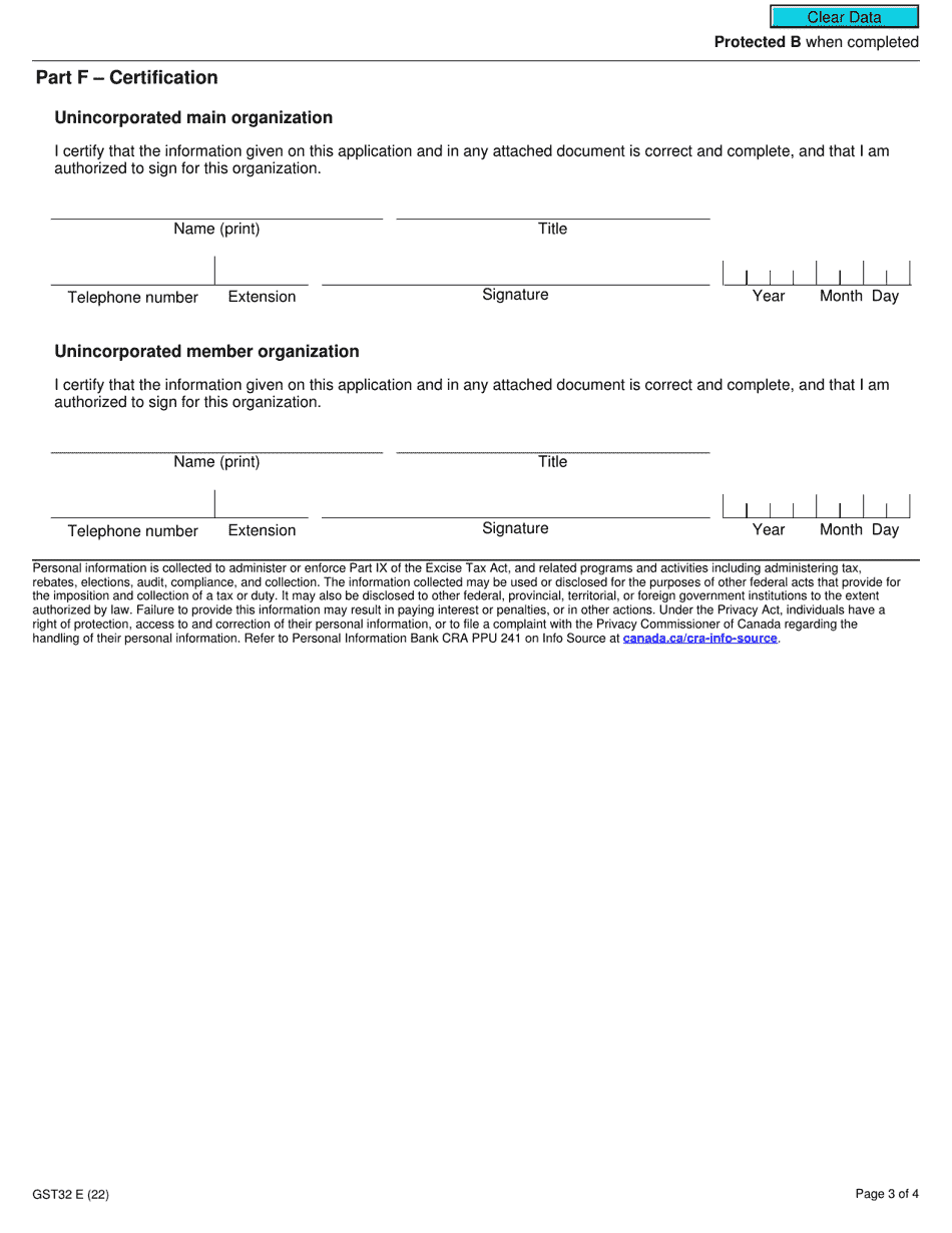 Form GST32 Application to Deem One Unincorporated Organization to Be a Branch of Another Unincorporated Organization - Canada, Page 3