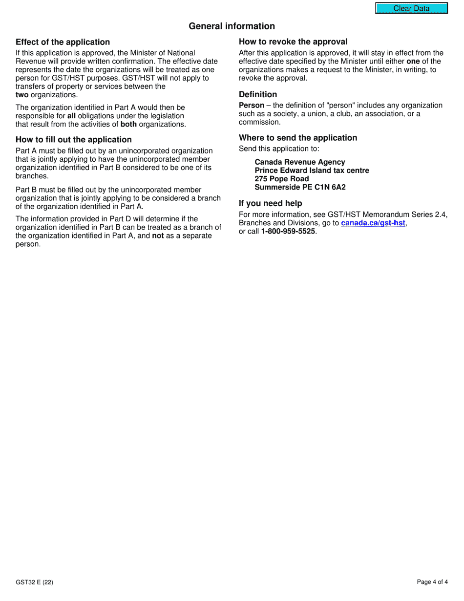 Form GST32 Application to Deem One Unincorporated Organization to Be a Branch of Another Unincorporated Organization - Canada, Page 4