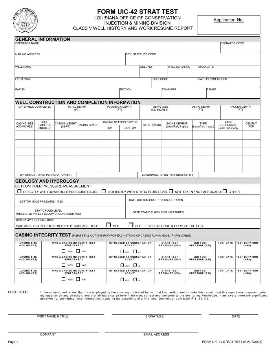Form UIC-42 STRAT TEST Class V Well History and Work Resume Report - Louisiana, Page 1