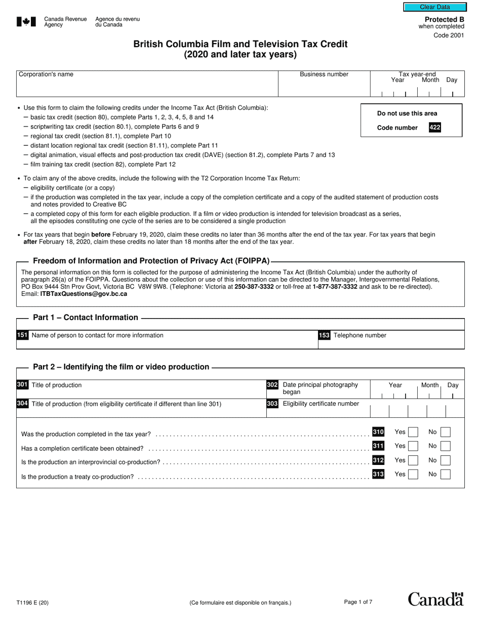 Form T1196 British Columbia Film and Television Tax Credit (2020 and Later Tax Years) - Canada, Page 1