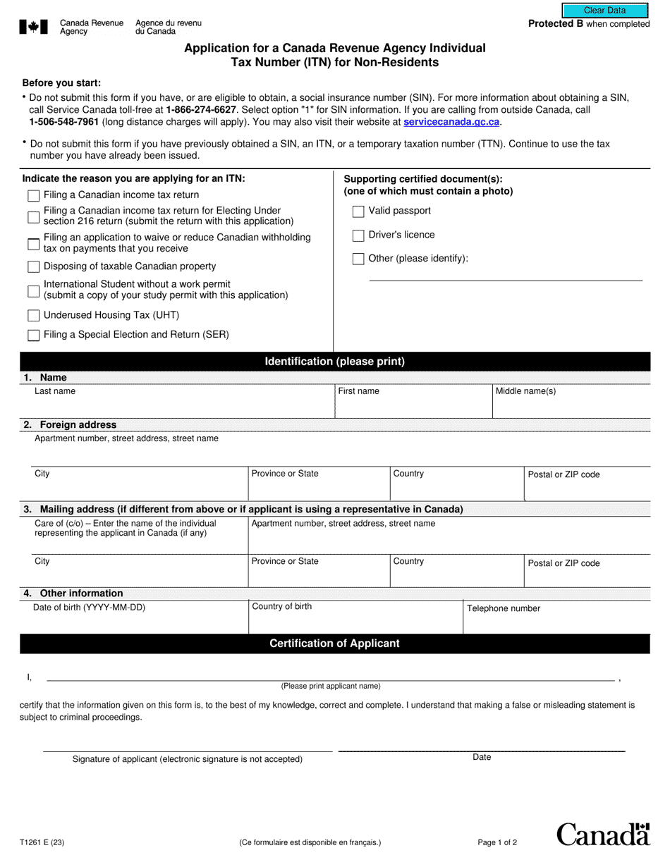 Form T1261 Application for a Canada Revenue Agency Individual Tax Number (Itn) for Non-residents - Canada, Page 1