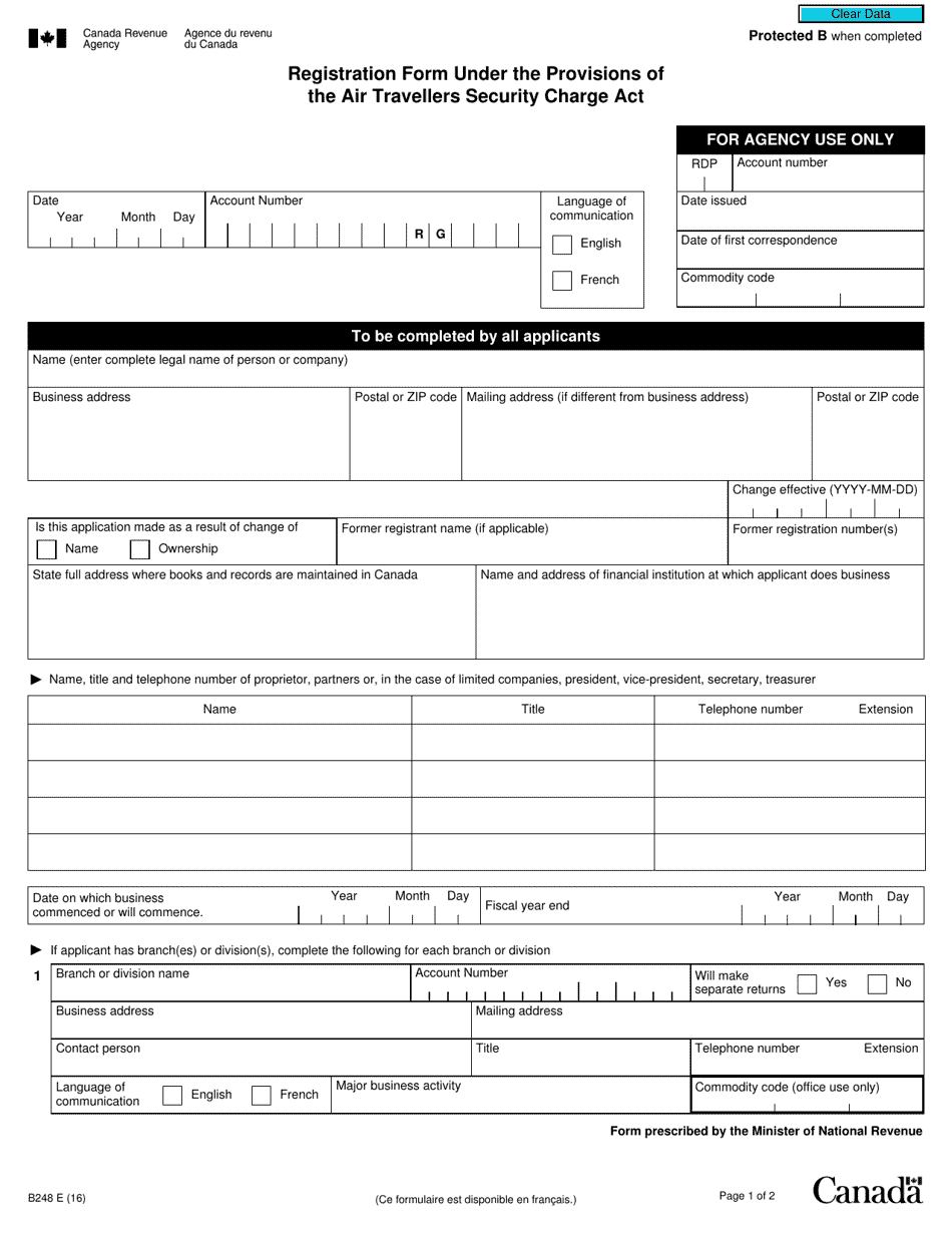 Form B248 Registration Form Under the Provisions of the Air Travellers Security Charge Act - Canada, Page 1