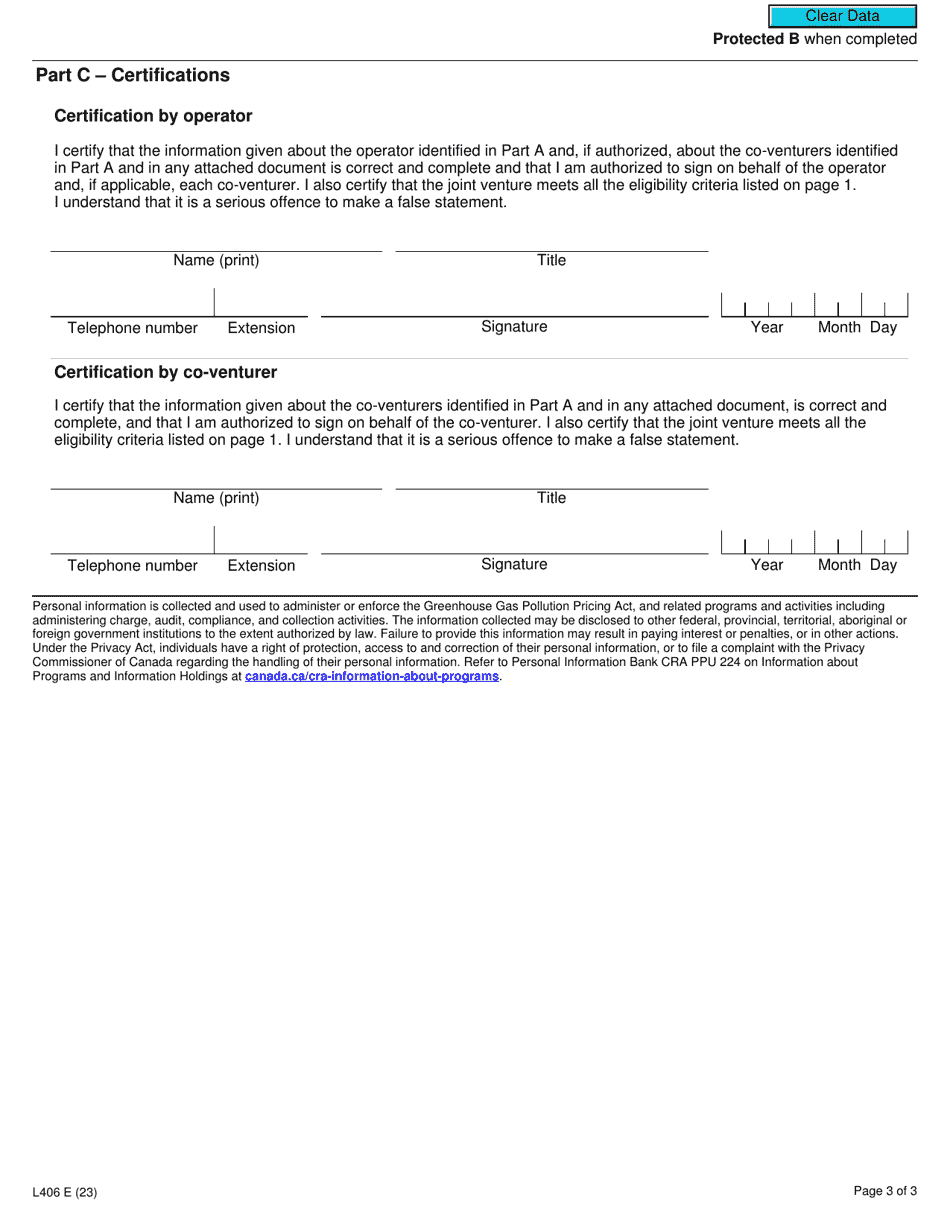 Form L406 Election or Revocation of an Election to Have the Joint Venture Operator Account for the Fuel Charge - Canada, Page 3