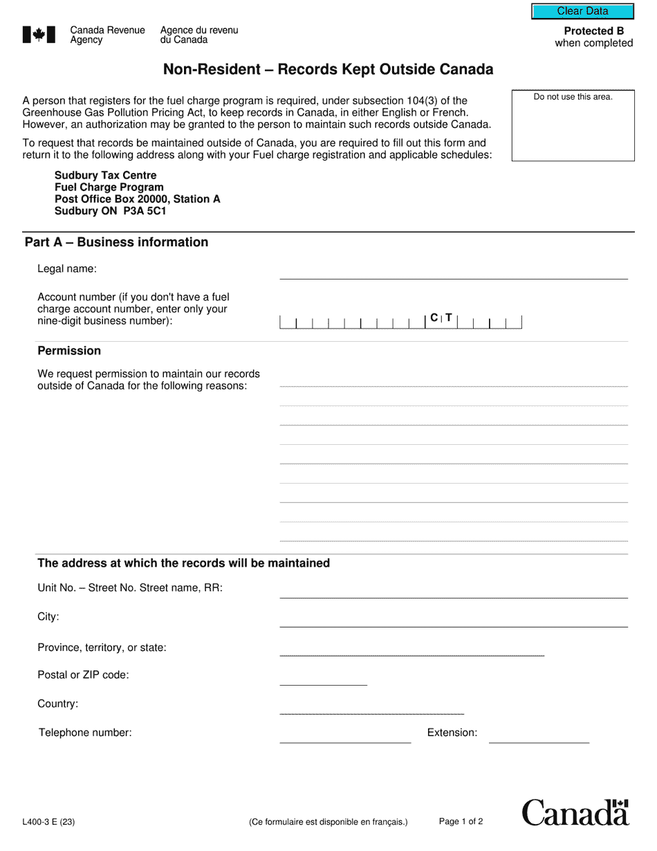 Form L400-3 Non-resident - Records Kept Outside Canada - Canada, Page 1