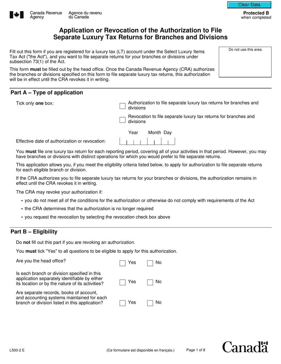 Form L500-2 Application or Revocation of the Authorization to File Separate Luxury Tax Returns for Branches and Divisions - Canada, Page 1