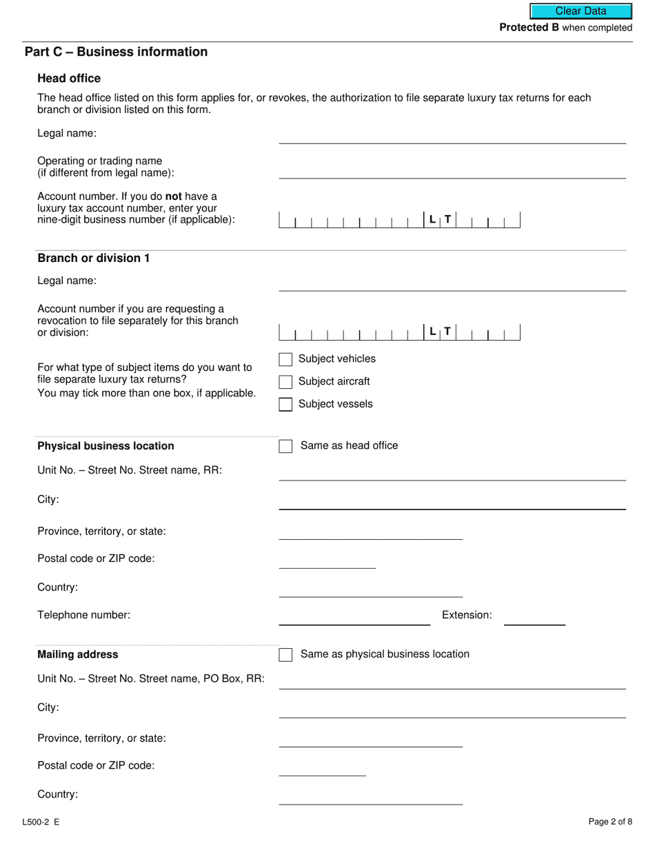 Form L500-2 Application or Revocation of the Authorization to File Separate Luxury Tax Returns for Branches and Divisions - Canada, Page 2