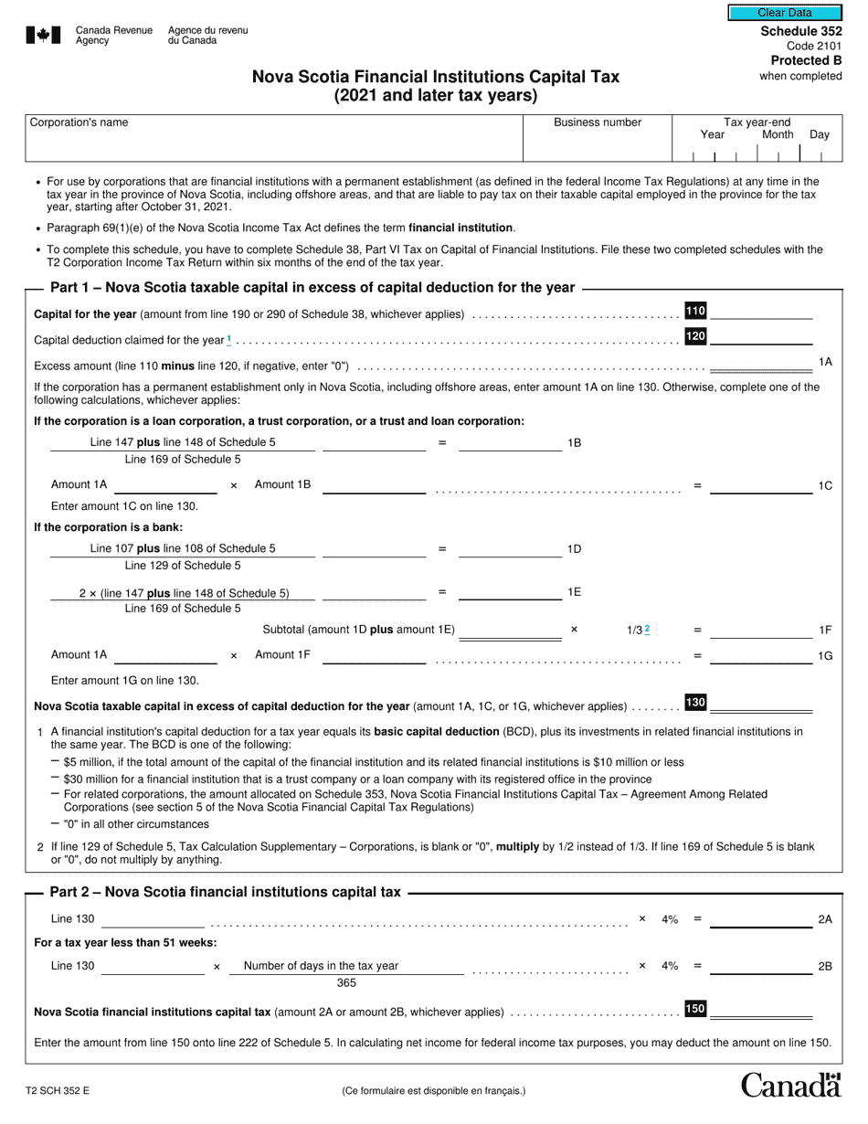 Form T2 Schedule 352 Nova Scotia Financial Institutions Capital Tax (2021 and Later Tax Years) - Canada, Page 1