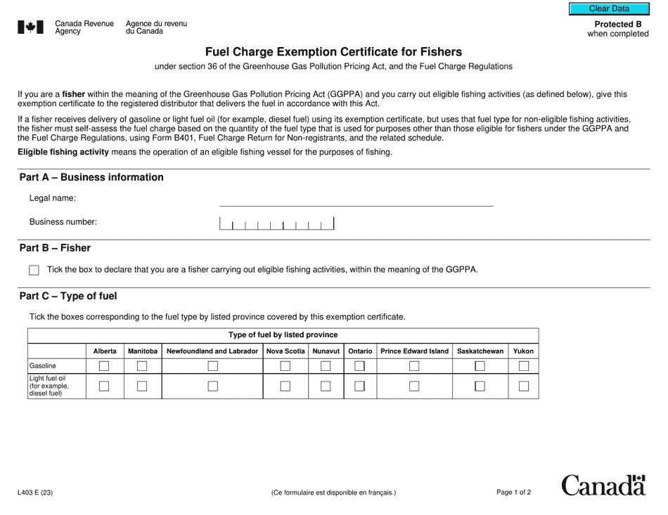 Form L403 Fuel Charge Exemption Certificate for Fishers - Canada, Page 1