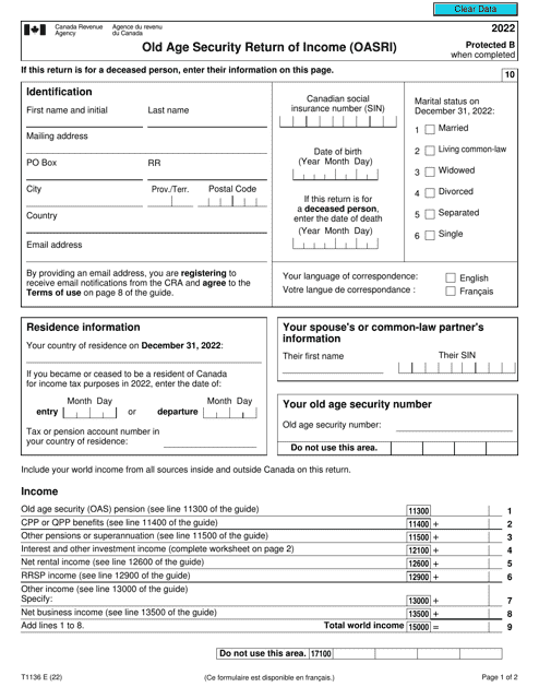 Form T1136 Old Age Security Return of Income (Oasri) - Canada, 2022