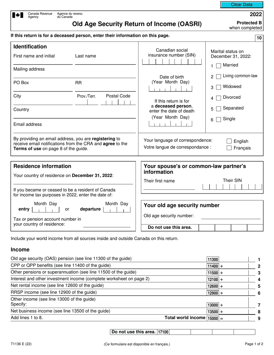 Form T1136 Old Age Security Return of Income (Oasri) - Canada, Page 1