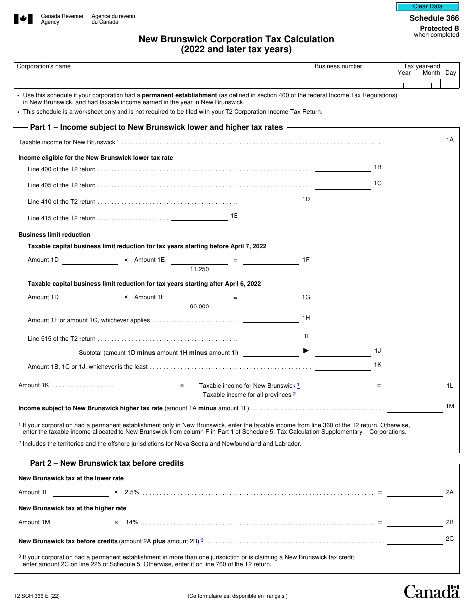 Form T2 Schedule 366 New Brunswick Corporation Tax Calculation (2022 and Later Tax Years) - Canada, Page 1