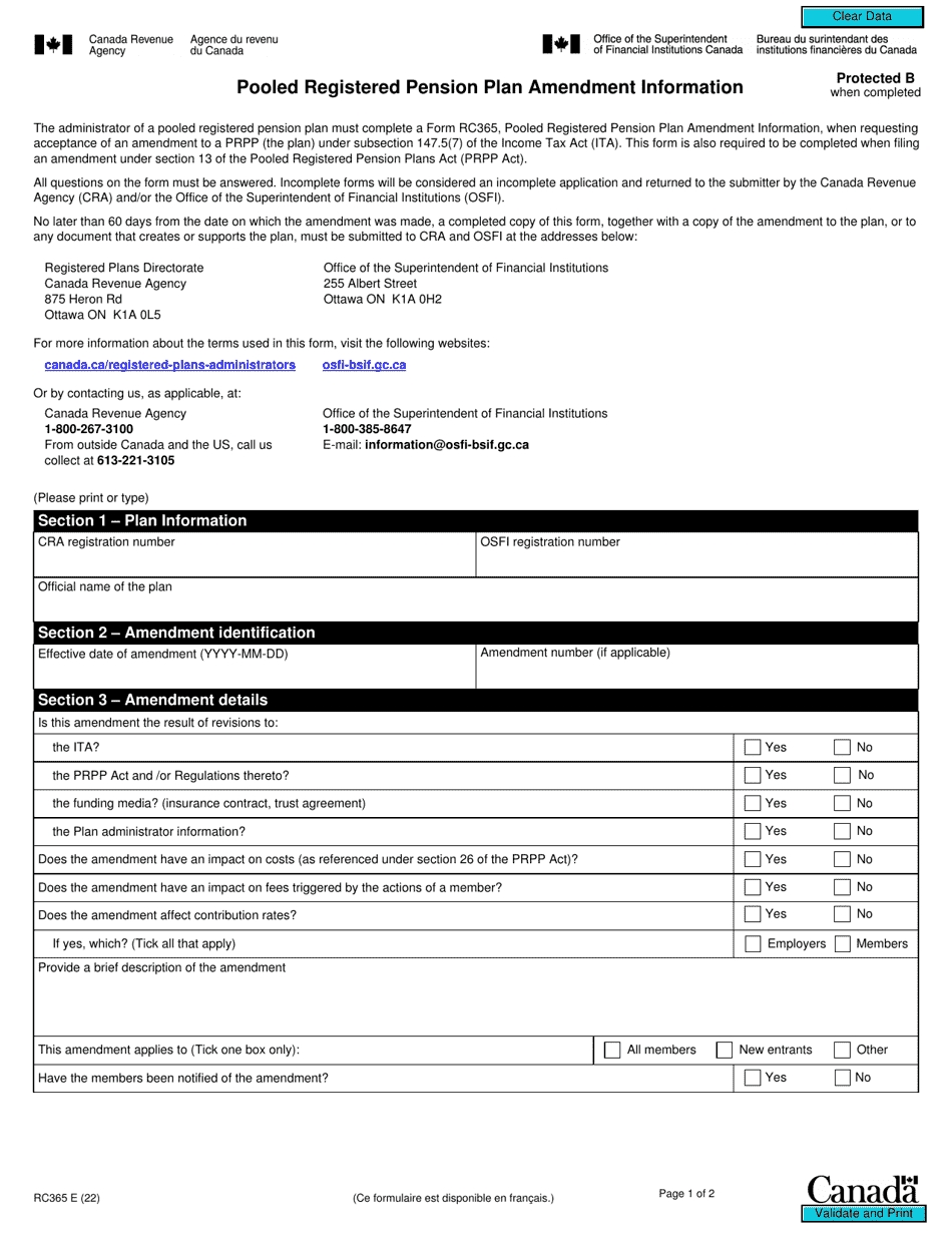 Form RC365 Pooled Registered Pension Plan Amendment Information - Canada, Page 1