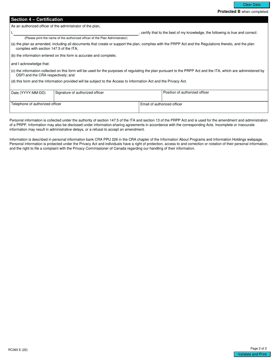 Form RC365 Pooled Registered Pension Plan Amendment Information - Canada, Page 2