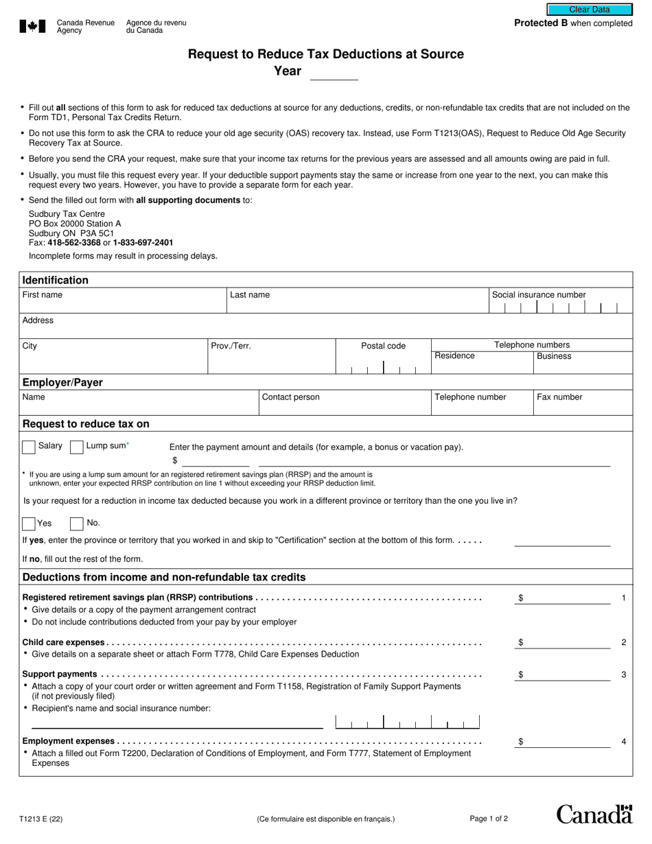 Form T1213 Download Fillable PDF or Fill Online Request to Reduce Tax ...