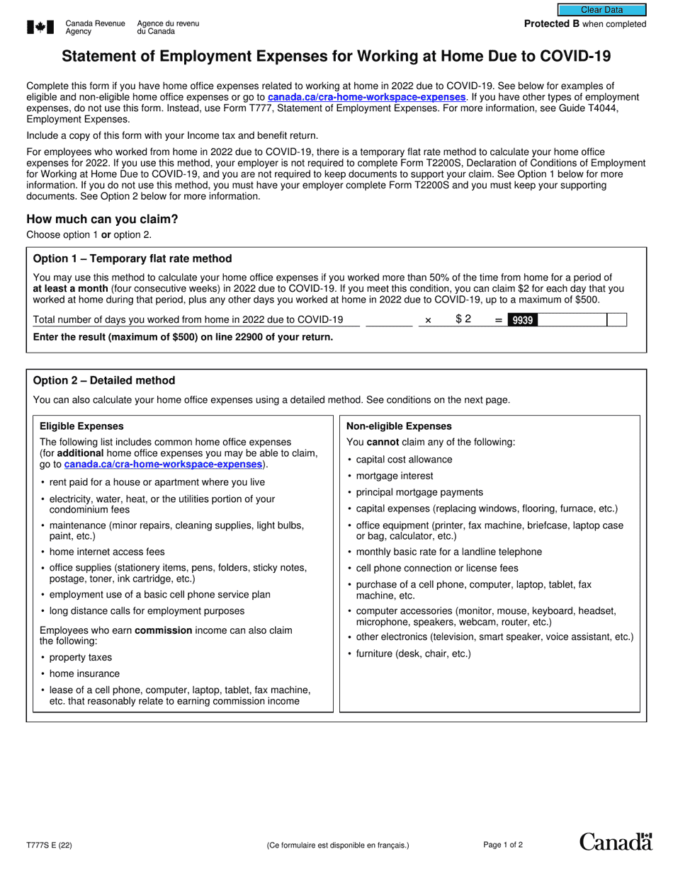 Form T777S Statement of Employment Expenses for Working at Home Due to Covid-19 - Canada, Page 1