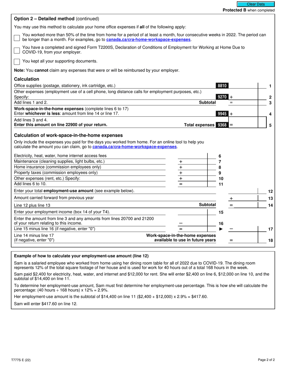 Form T777S Statement of Employment Expenses for Working at Home Due to Covid-19 - Canada, Page 2