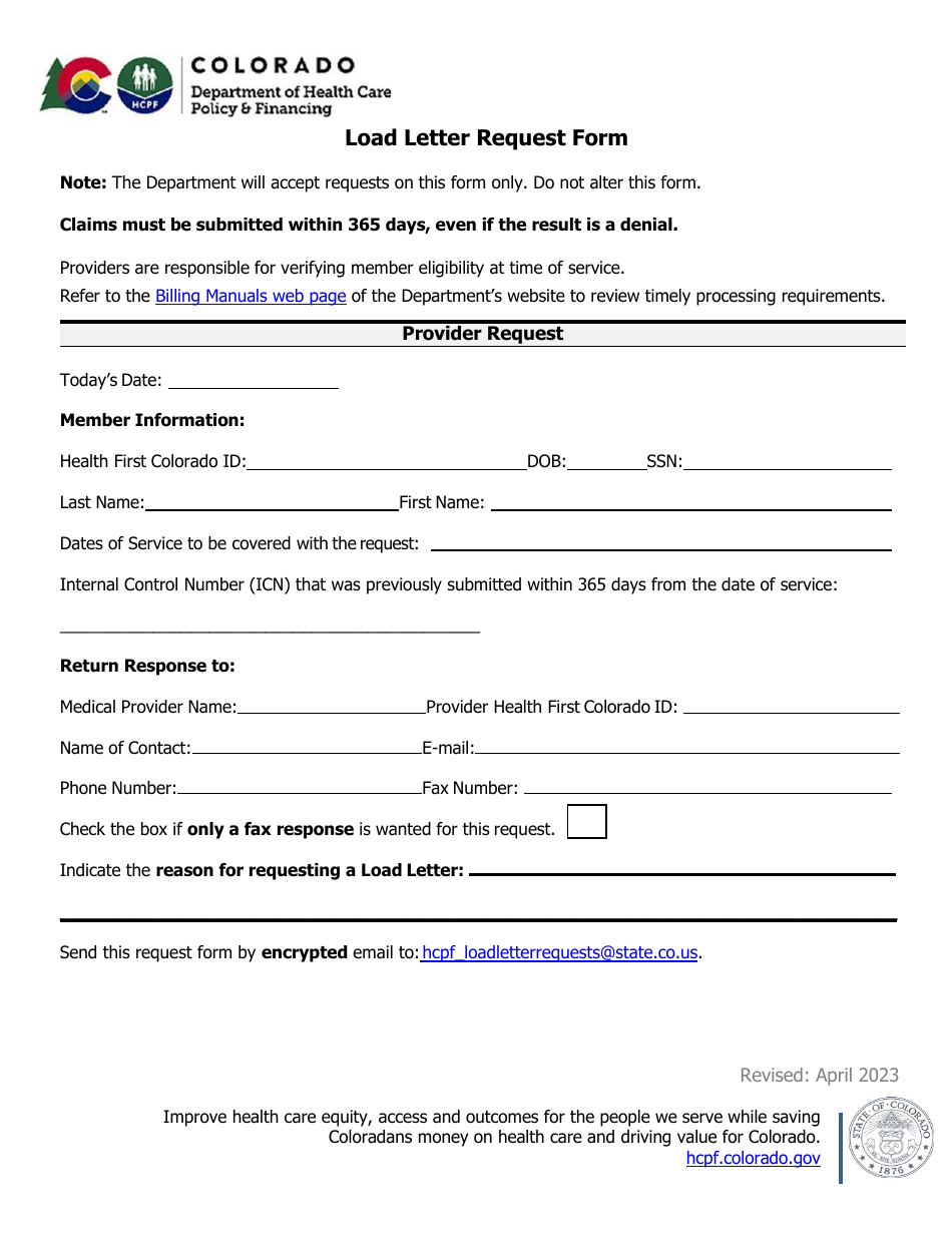 Load Letter Request Form - Colorado, Page 1