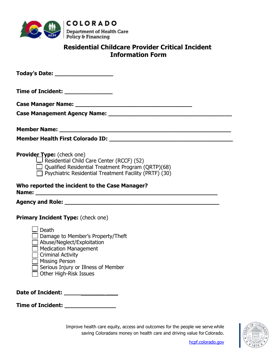 Residential Childcare Provider Critical Incident Information Form - Colorado, Page 1