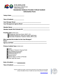 Document preview: Residential Childcare Provider Critical Incident Information Form - Colorado
