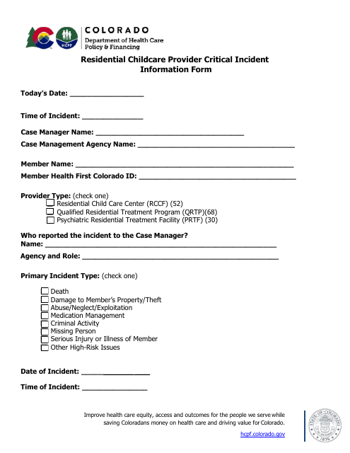 Residential Childcare Provider Critical Incident Information Form - Colorado Download Pdf