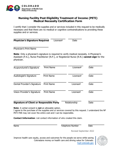 Nursing Facility Post Eligibility Treatment of Income (Peti) Medical Necessity Certification Form - Colorado