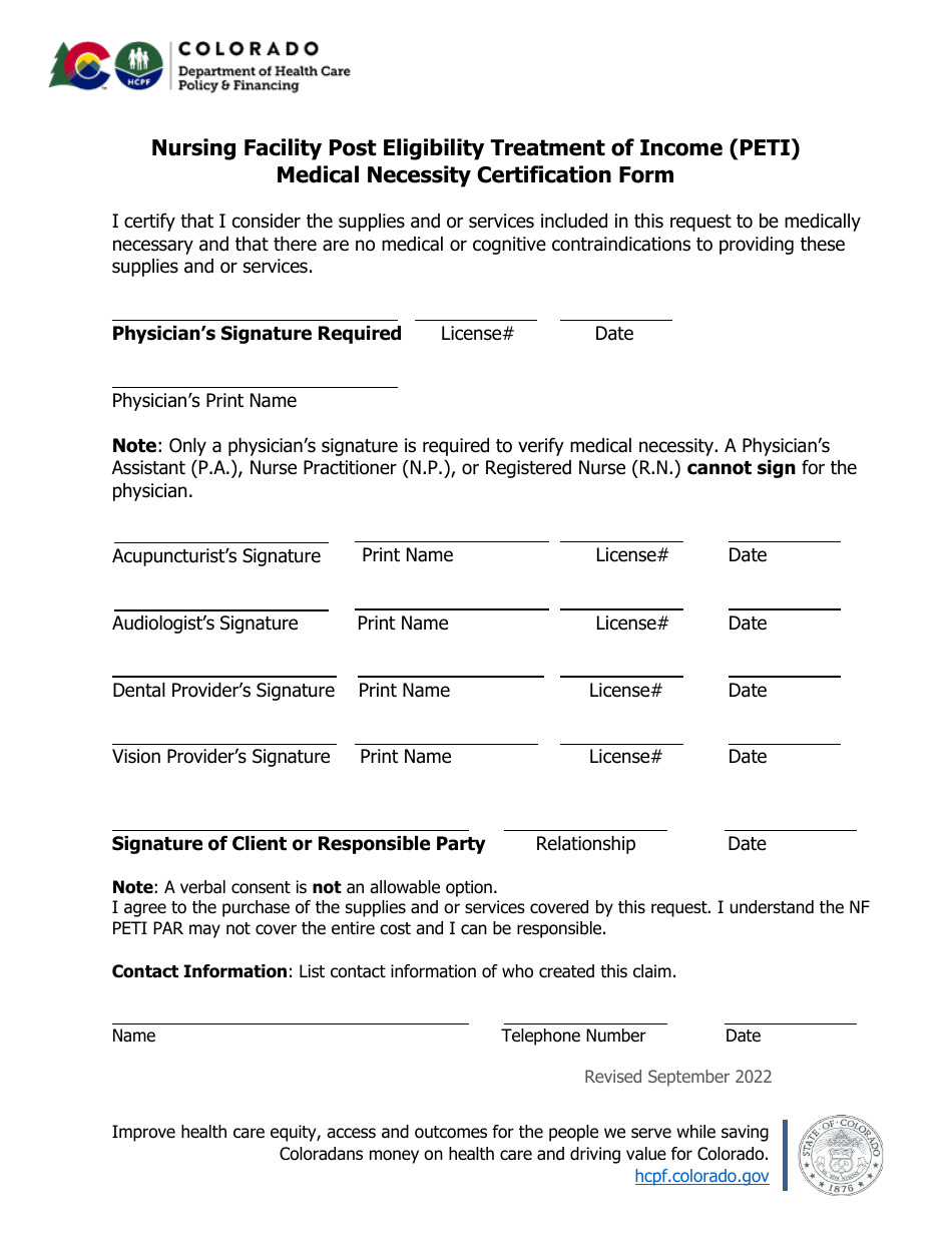 Nursing Facility Post Eligibility Treatment of Income (Peti) Medical Necessity Certification Form - Colorado, Page 1