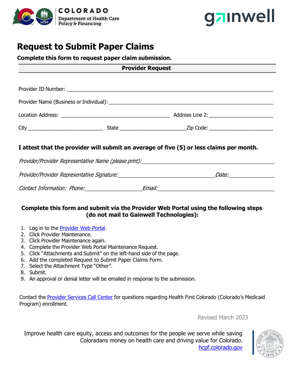 Request to Submit Paper Claims - Colorado, Page 1