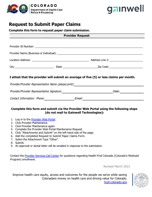 Request to Submit Paper Claims - Colorado Download Pdf