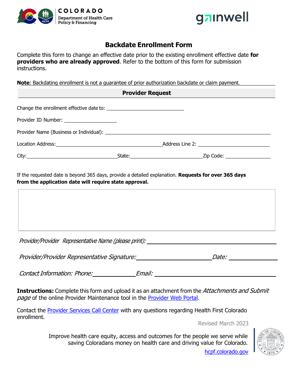 Backdate Enrollment Form - Colorado, Page 1