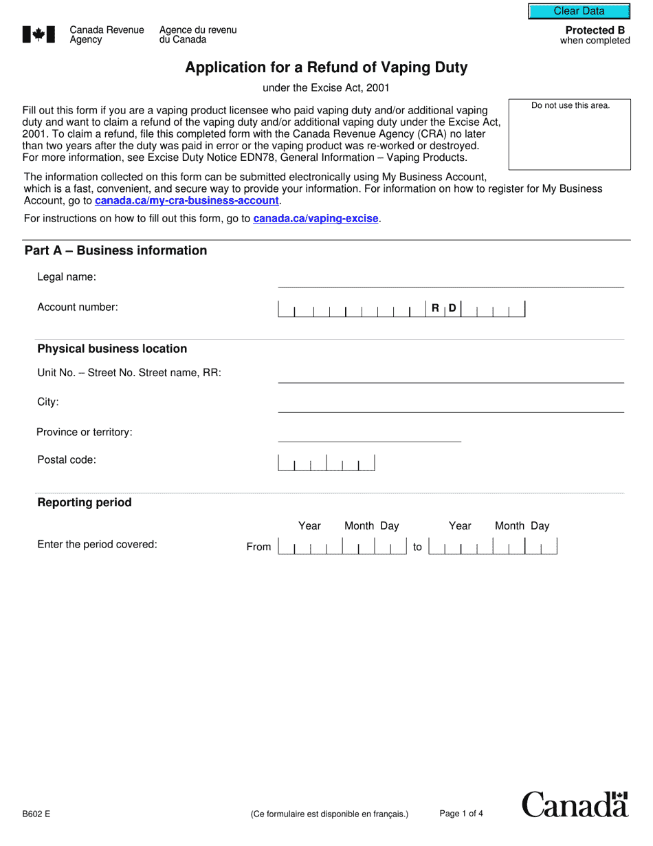 Form B602 Application for a Refund of Vaping Duty - Canada, Page 1