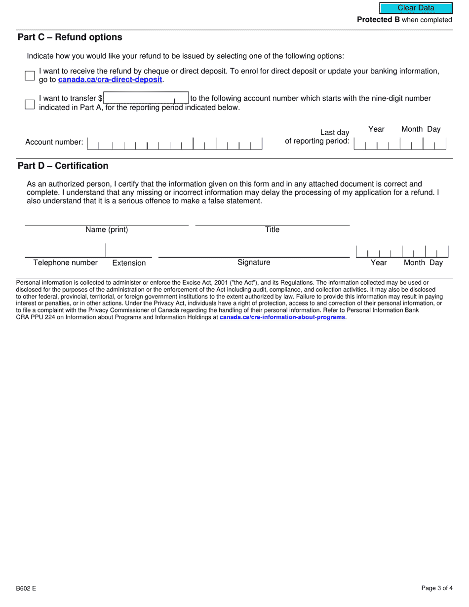 Form B602 Application for a Refund of Vaping Duty - Canada, Page 3