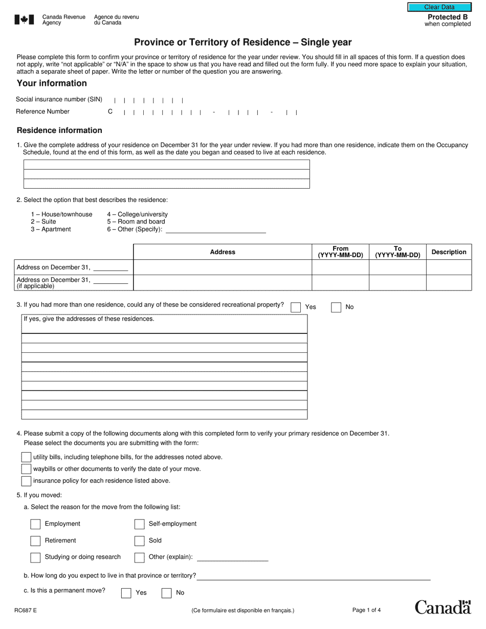 Form RC687 Province or Territory of Residence - Single Year - Refund Examination Program - Canada, Page 1