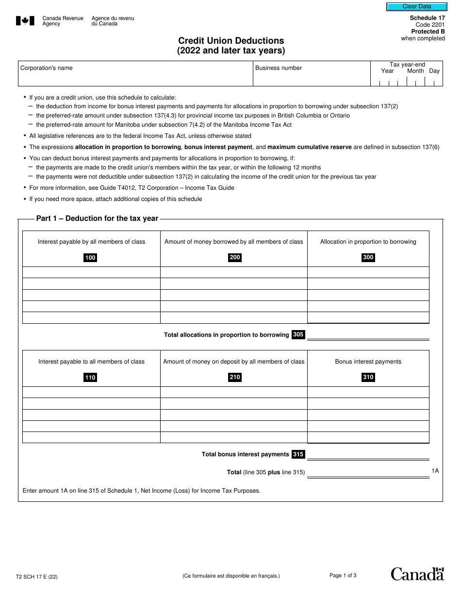 Form T2 Schedule 17 Credit Union Deductions (2022 and Later Tax Years) - Canada, Page 1