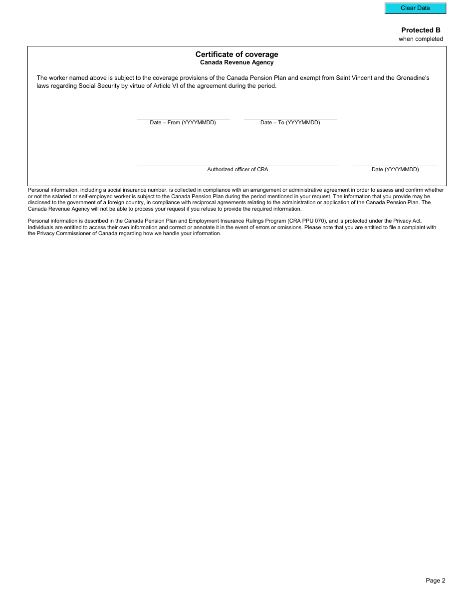 Form CPT66 Certificate of Coverage Under the Canada Pension Plan Pursuant to Article VI of the Agreement on Social Security Between Canada and Saint Vincent and the Grenadines - Canada, Page 3
